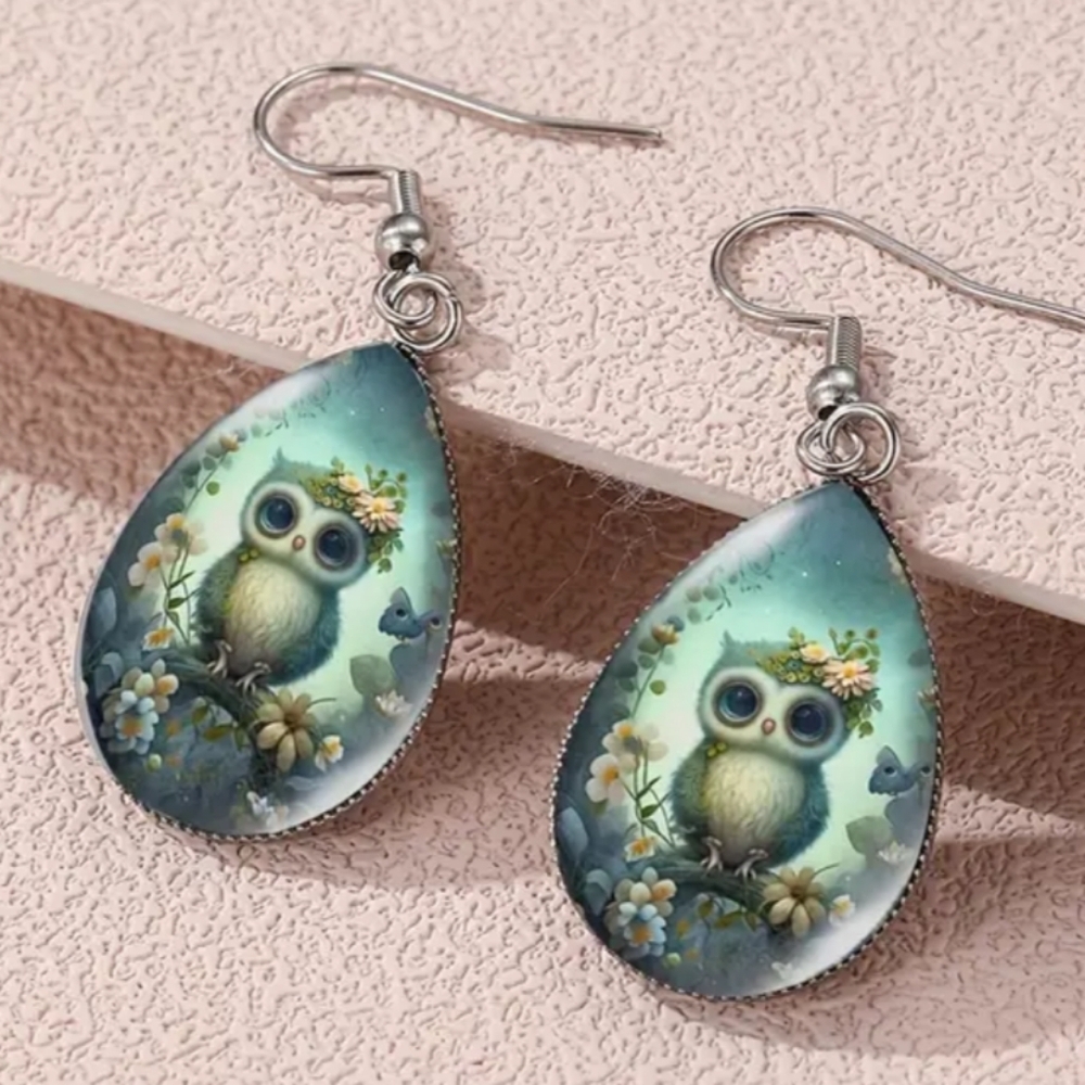 Animal Print Whimsigoth Farmhouse Boho Owl Teardrop Gift Earrings‎ -Silver Green
